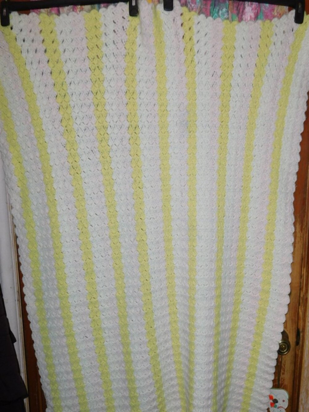 Vintage handmade pink white yellow CROCHETED blanket CROCHET